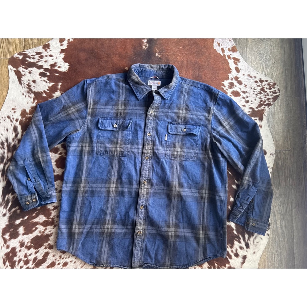 Carhartt Flannel Shacket Mens 2XL Navy Blue Plaid Button Down Shirt